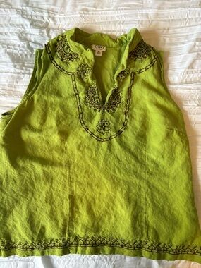 Cato Bright Lime Green Embroidered V-Neck Sleeveless Top